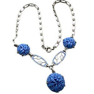 Antique Czech Art Deco Blue Molded Glass White Enamel Silver Pendant Necklace